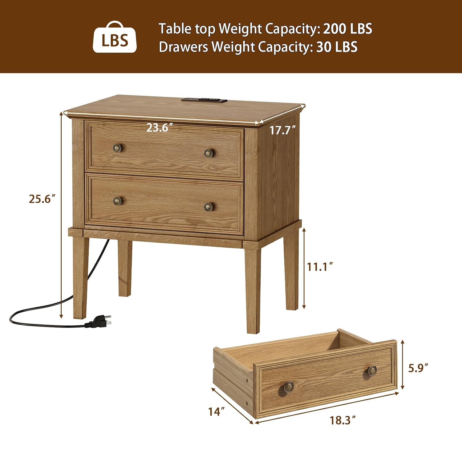 원목 나이트스탠드(충전 스테이션 및 2개 서랍 포함), - Solid Wood Nightstand 2 Drawers 리뷰 및 가격