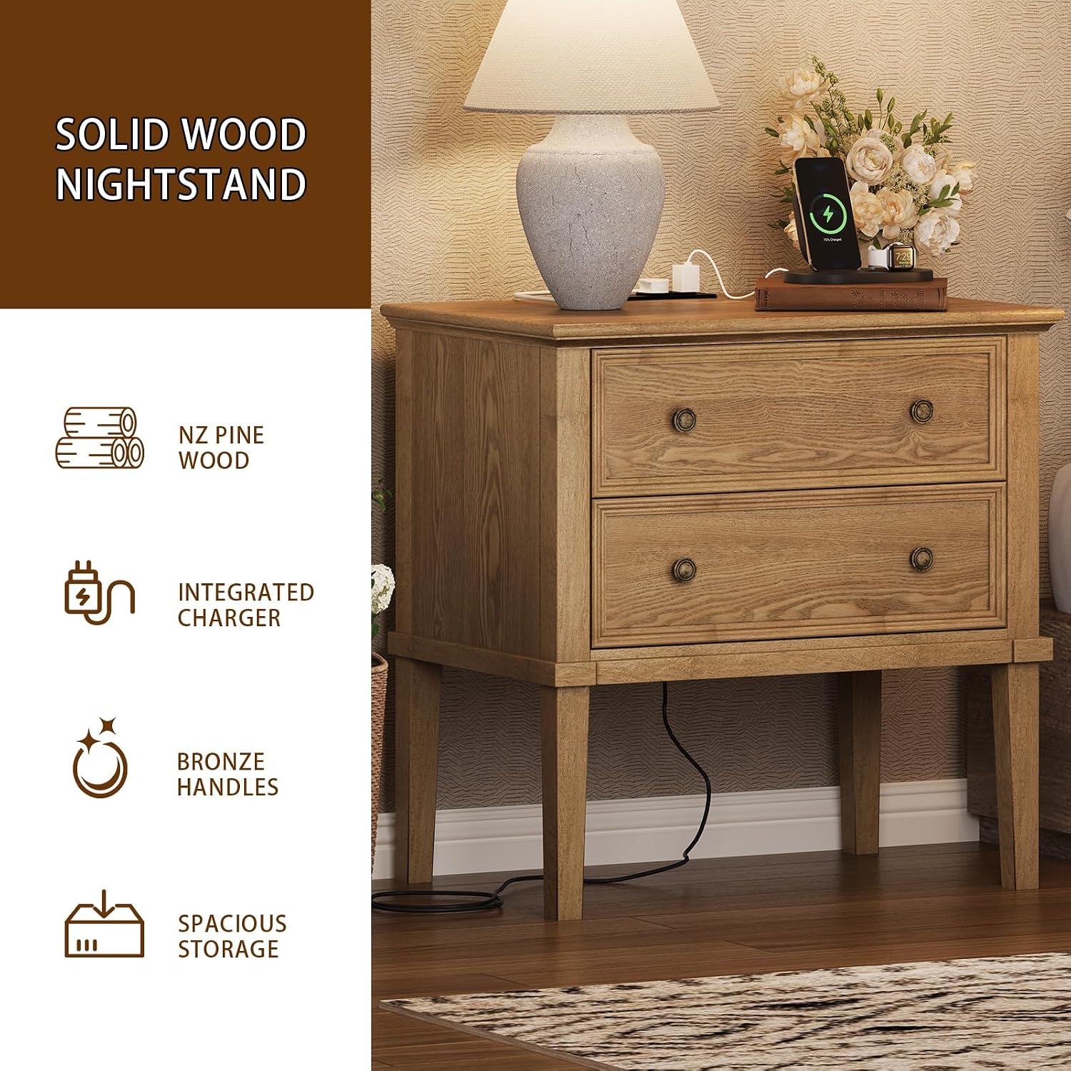 원목 나이트스탠드(충전 스테이션 및 2개 서랍 포함), - Solid Wood Nightstand 2 Drawers 리뷰 및 가격