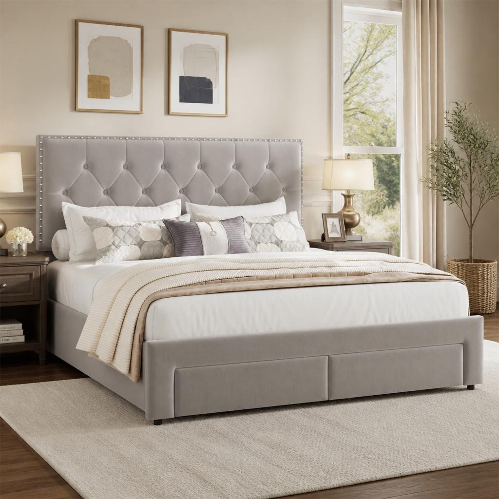 킹사이즈 침대 프레임, 수납 서랍 2개 포함, 빈티지  - King Size Bed Frame With Storage Drawers 리뷰 및 가격