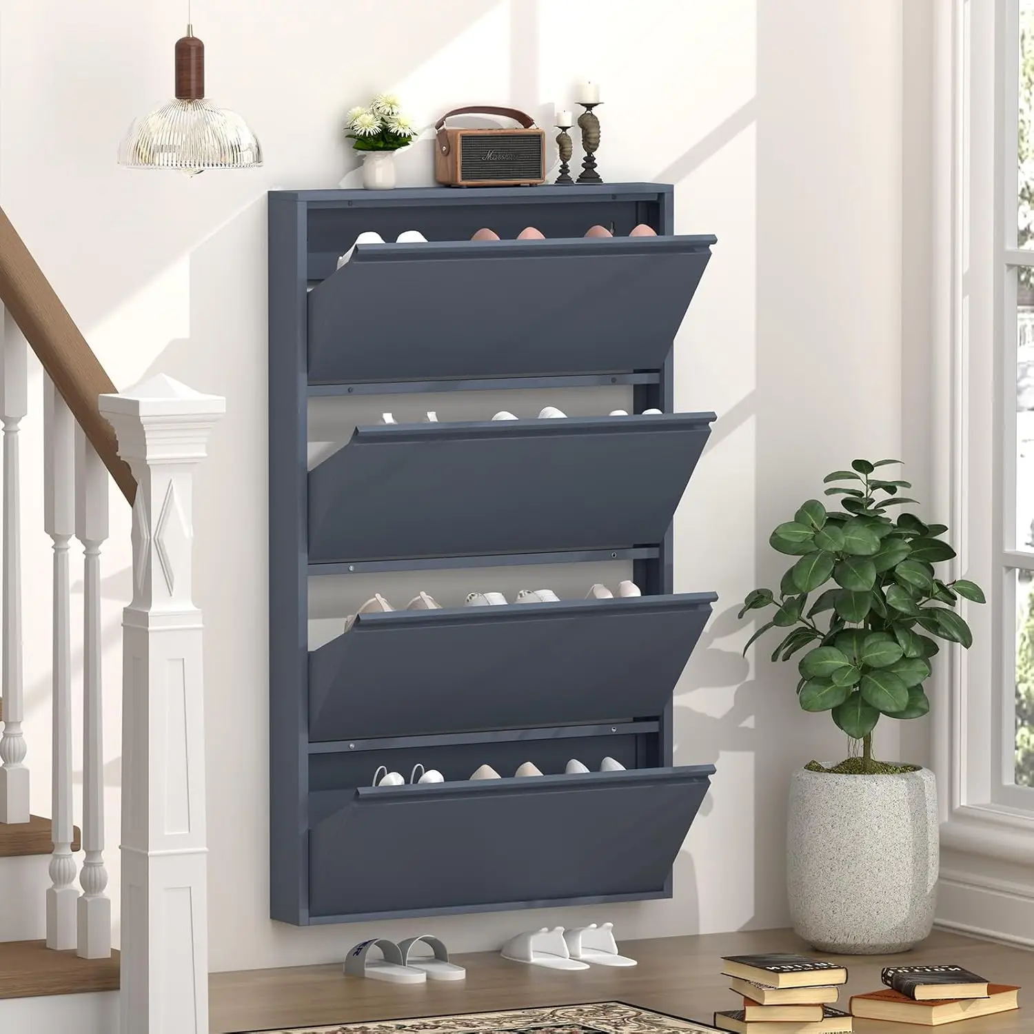 4개의 플립 서랍이 있는 신발장, 현관용 슬림 메탈 신 - Shoe Rack Cabinet Narrow Entryway 리뷰 및 가격