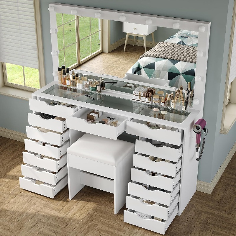 야노사쿠 화장대(거울과 조명 포함), 충전 스테이션이  - Dressing Table Vanity With Lighted Mirror 리뷰 및 가격