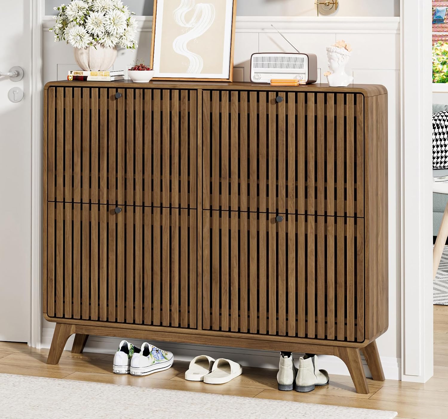 # 대형 대나무 신발장(4개 플립 서랍 포함), 현관/ - Shoe Rack Cabinet Narrow Entryway 리뷰 및 가격