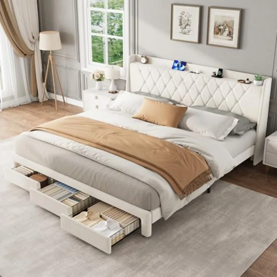 크리스탈 장식 퀼팅 헤드보드, 3개의 수납 서랍, 내장 - King Size Bed Frame With Storage Drawers 리뷰 및 가격