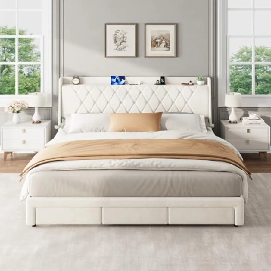 크리스탈 장식 퀼팅 헤드보드, 3개의 수납 서랍, 내장 - King Size Bed Frame With Storage Drawers 리뷰 및 가격