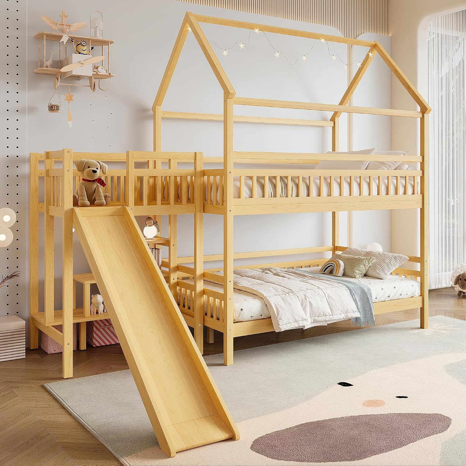 플레이하우스 디자인 지붕이 있는 풀오버 풀 벙크 침대, - Bunk Bed With Stairs And Slide 리뷰 및 가격